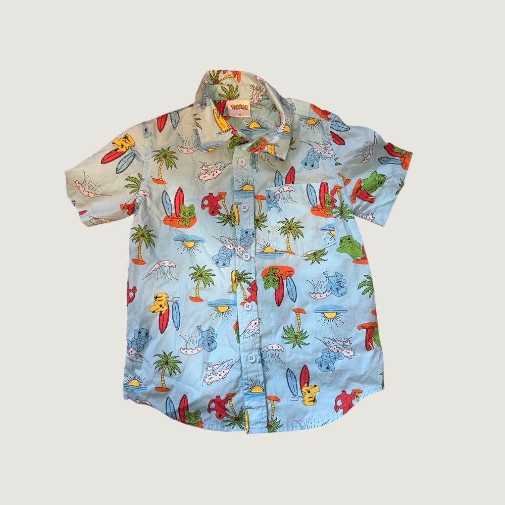 Pokemon Kids Boys Tropical Pikachu Squirtle Surfing Cotton Button Down Shirt XS